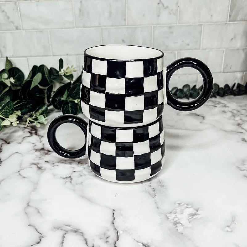 personalized coffee mugs with photos -BW Checkered Mug