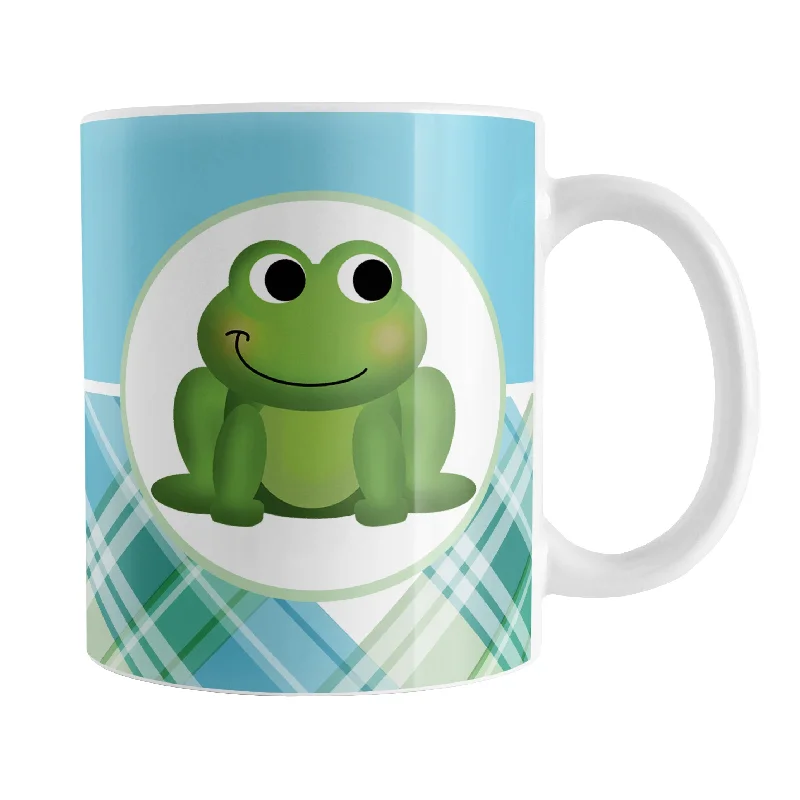 unique personalized tea mugs -Cute Frog Green and Blue Plaid Mug