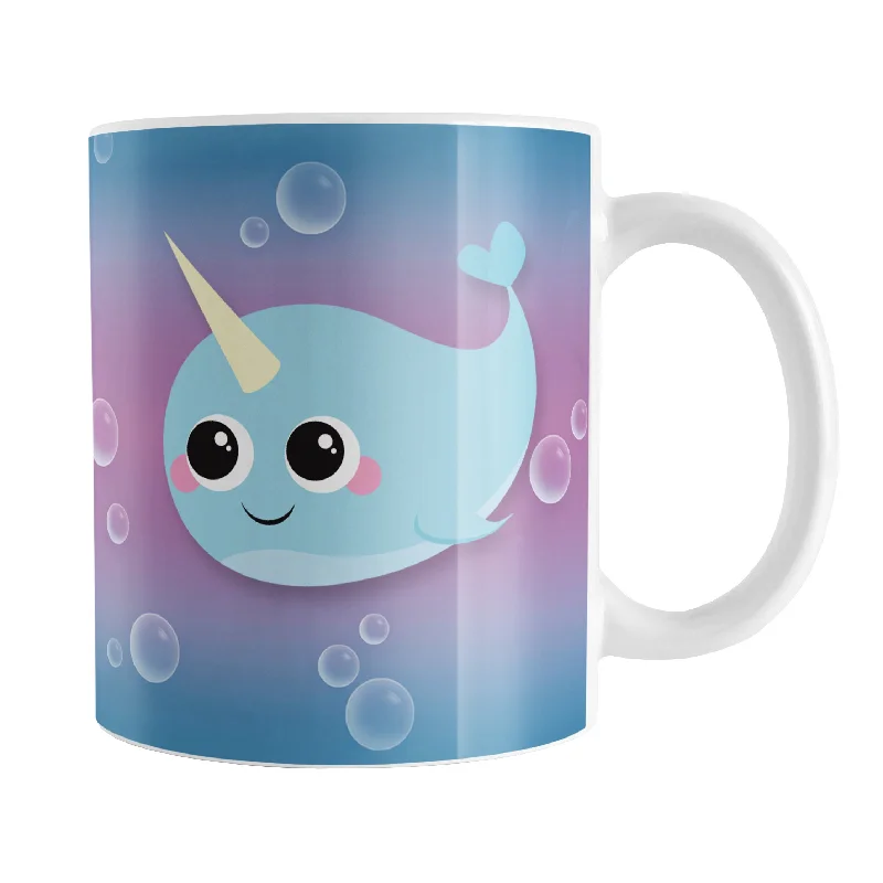 insulated mugs with handle -Cute Happy Narwhal with Bubbles Mug