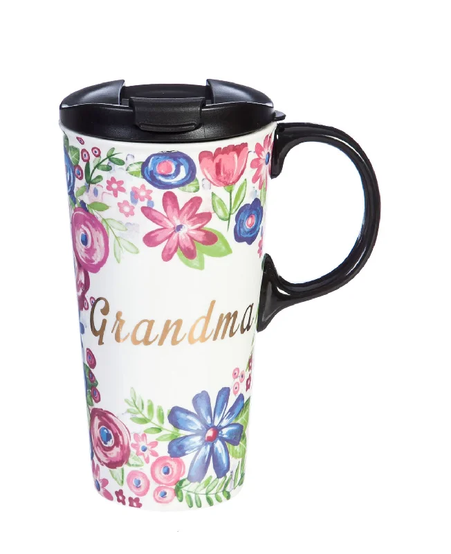 travel cups with straw -Floral 17 oz. Ceramic Travel Cup in Gift Box, Grandma