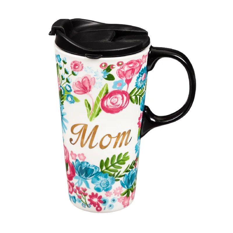 best tea mugs -Floral 17 oz. Ceramic Travel Cup in Gift Box, Mom