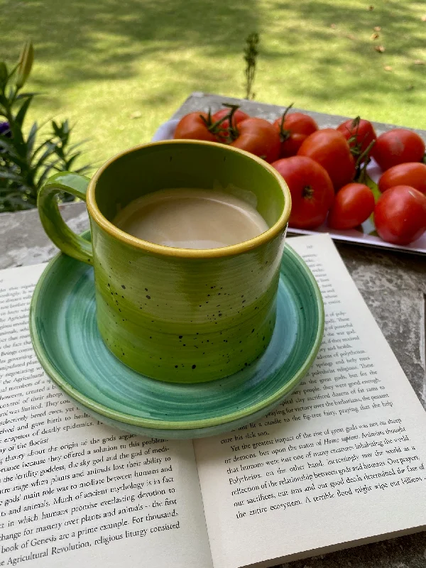 personalized insulated coffee mugs -Lime Vigo mug with sea green snacking plate