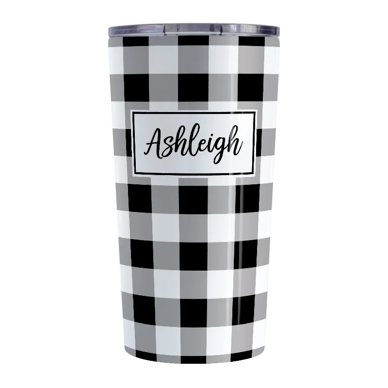 insulated cups for coffee -Personalized Black and White Buffalo Plaid Tumbler Cup