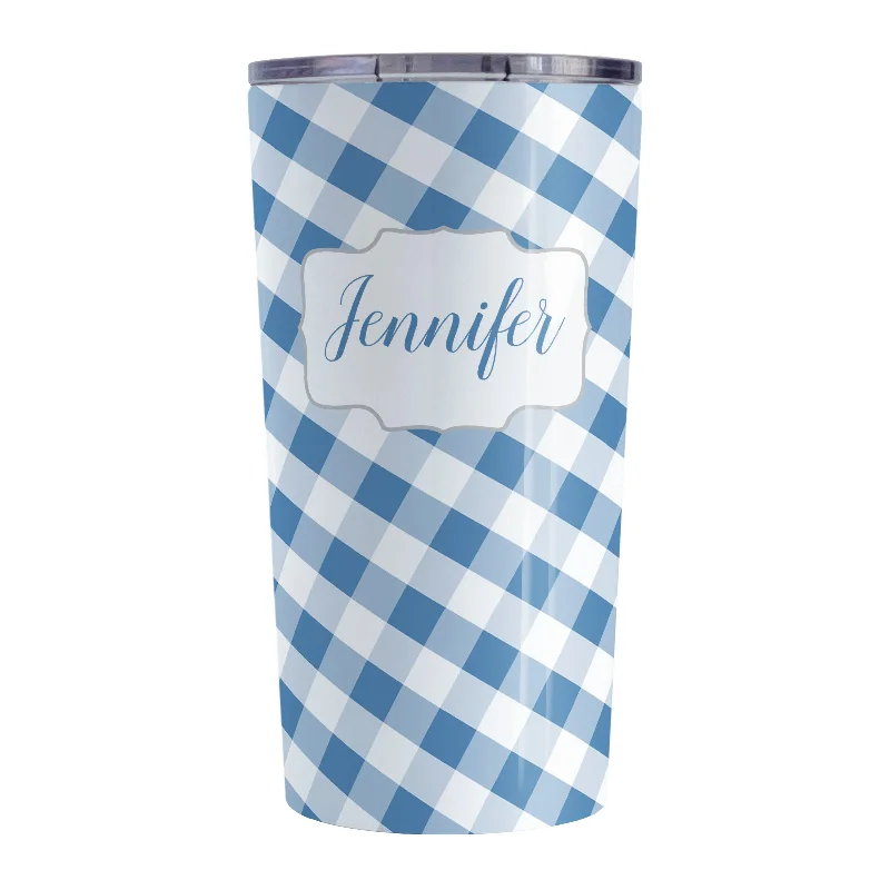 luxury coffee cups for gifts -Personalized Blue Gingham Tumbler Cup