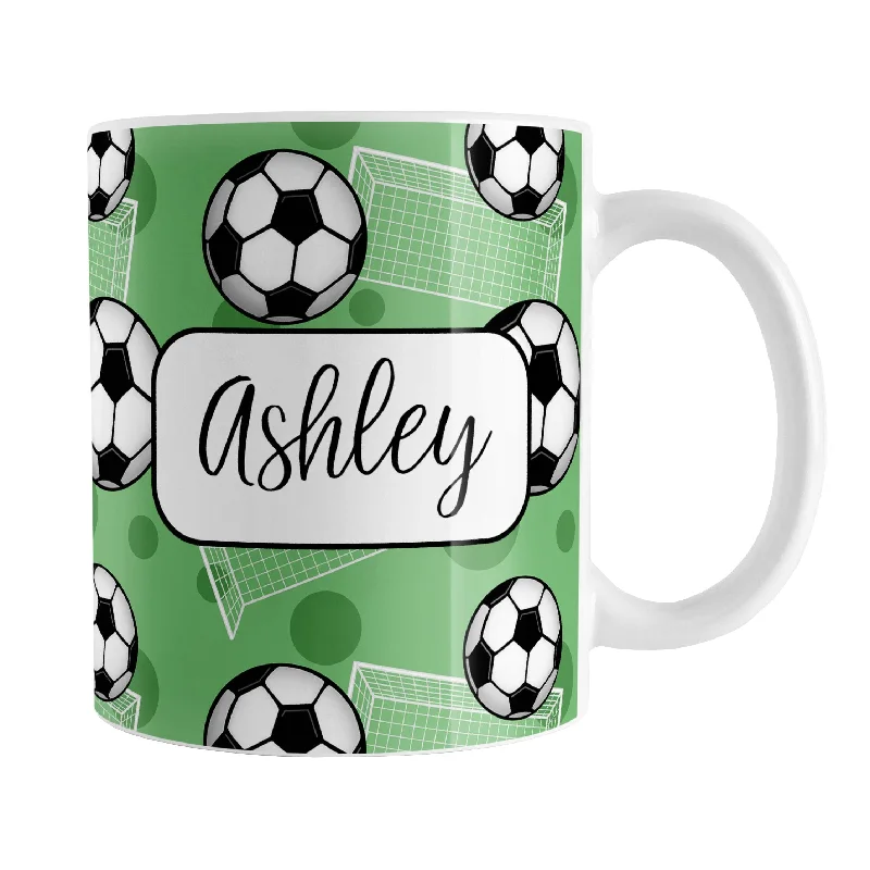 ceramic coffee cups for gifts -Personalized Green Soccer Ball and Goal Mug