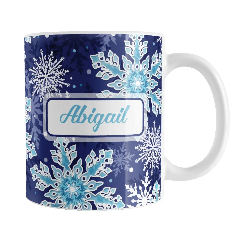 glass cups for coffee -Personalized Navy Blue Aqua Snowflake Winter Mug