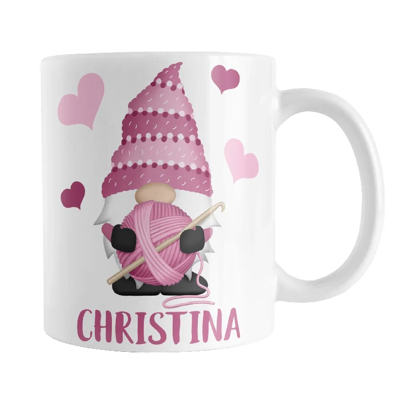 personalized travel mugs -Personalized Pink Crochet Gnome Mug