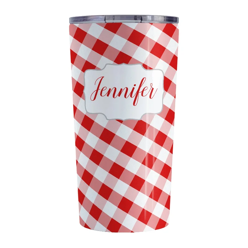 stainless steel coffee cups for gifts -Personalized Red Gingham Tumbler Cup