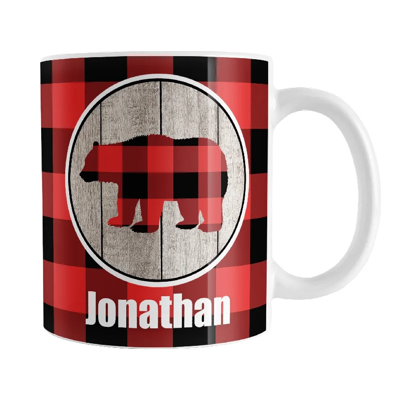 personalized mugs for wedding -Personalized Rustic Red Buffalo Plaid Bear Mug