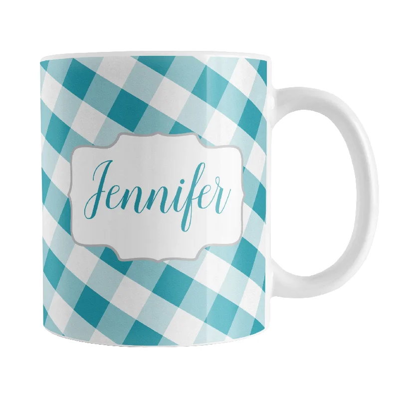 travel mugs for work -Personalized Turquoise Gingham Mug