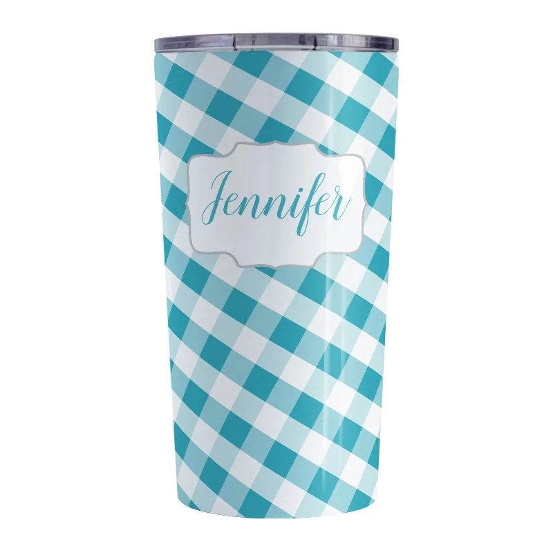 eco friendly coffee mugs for gifts -Personalized Turquoise Gingham Tumbler Cup