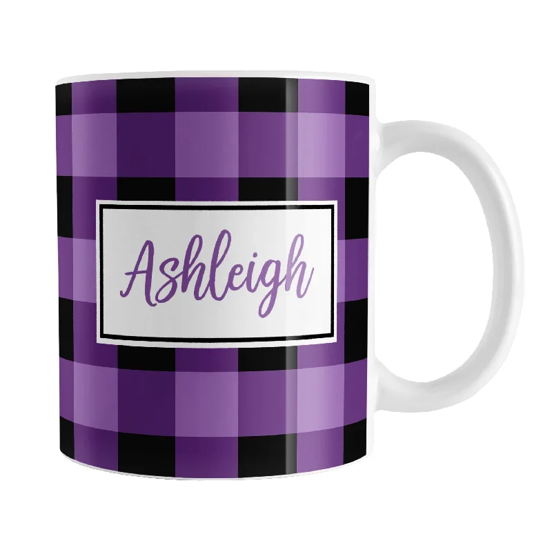 custom coffee cups for Christmas -Personalized Name Purple and Black Buffalo Plaid Mug