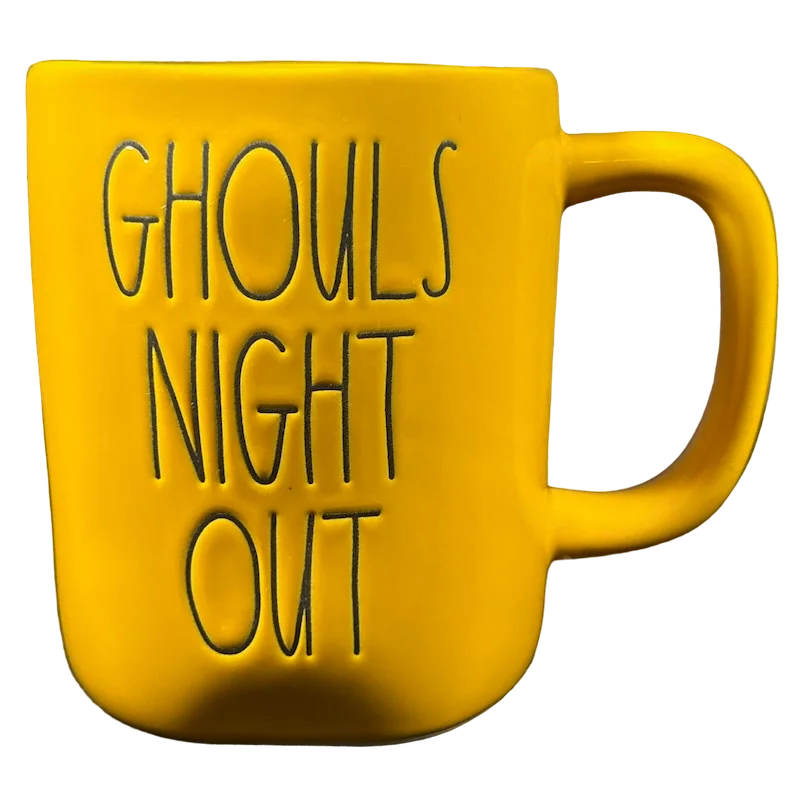 ceramic mugs with quotes -Rae Dunn Artisan Collection GHOULS NIGHT OUT Golden Yellow Mug Golden Yellow Inside Magenta