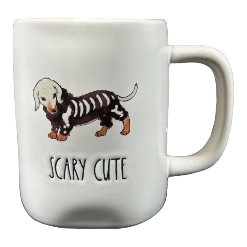 holiday coffee mugs -Rae Dunn Artisan Collection SCARY CUTE Dachshund Mug Orange Inside Magenta