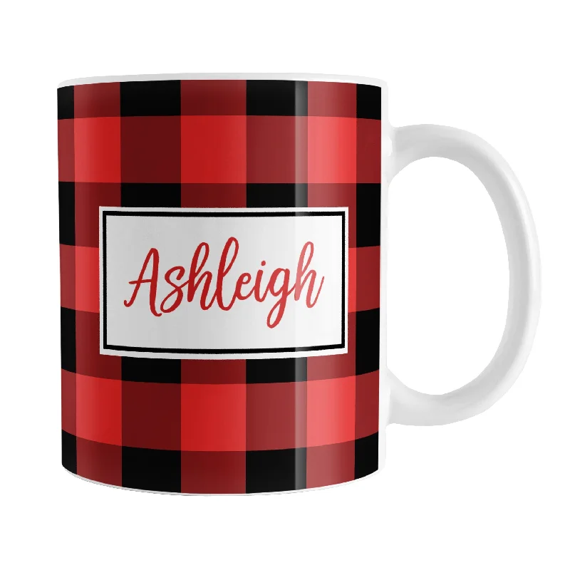 unique travel mugs for work -Personalized Name Red and Black Buffalo Plaid Mug