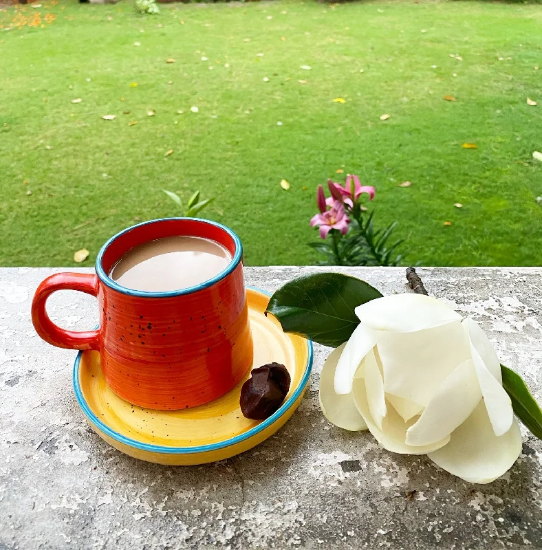 cute mugs for Christmas -Bright orange Vigo mug with yellow snacking plate