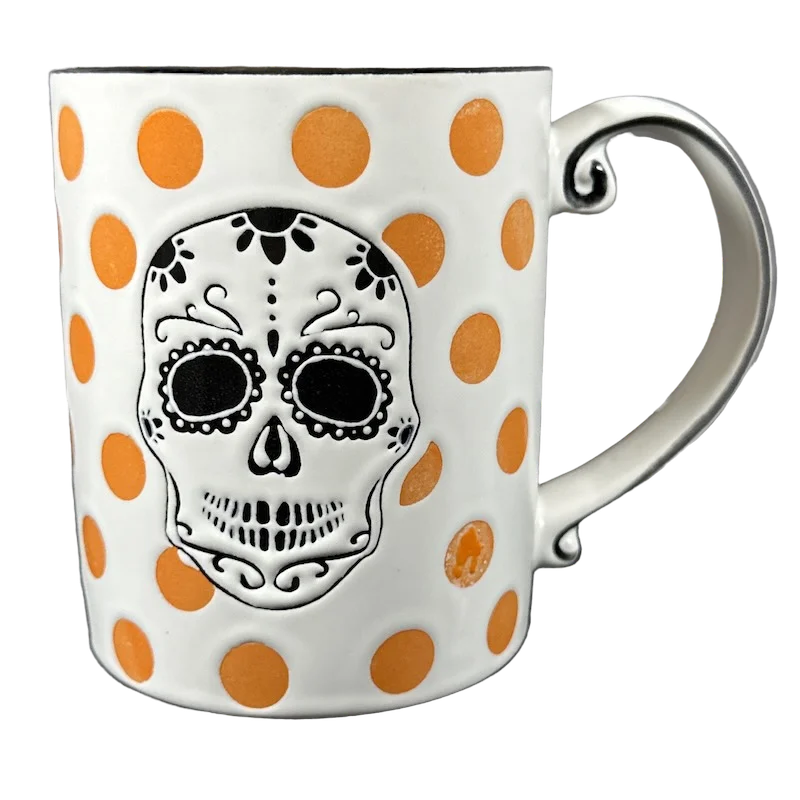 engraved tea mugs -Sugar Skull Orange Polka Dots Halloween Mug Spectrum Designz