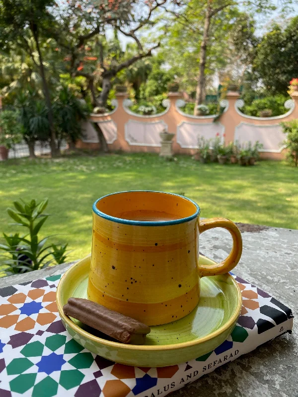 large personalized coffee cups -Yellow Vigo mug with lime snacking plate