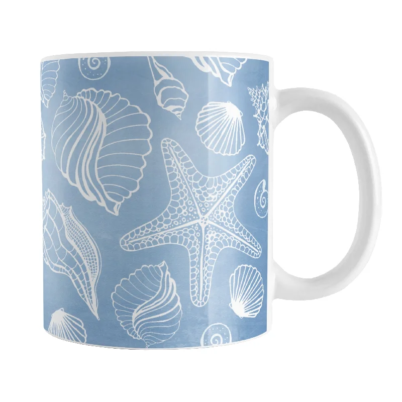 funny tea mugs for gifts -White Seashell Pattern Blue Beach Mug