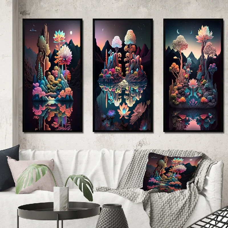 affordable decorative art paintings-Designart "Abstract Nocturnal Flora Mysterious Lake II" Abstract Landscape Frame Gallery Set Of 3 For Office Decor