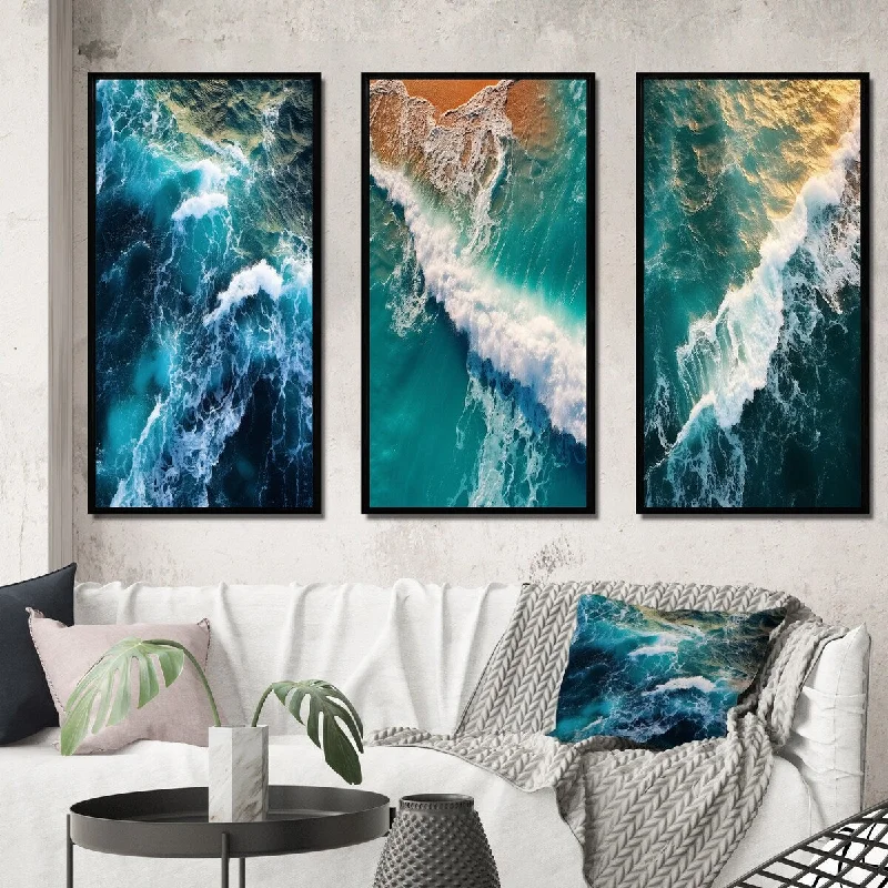 black and white decorative paintings-Designart "Aerial View Photograph Turquoise Waves Breaking II" Coastal Waves Frame Gallery Set Of 3 For Office Decor