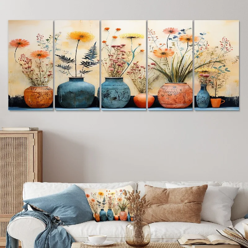 vintage-style canvas decorative paintings-Designart "Blue Floral Watercolor Pottery IV" Blue Boho Pottery Set Of 5 Bohemian Oversized Canvas Wall Art For Entryway