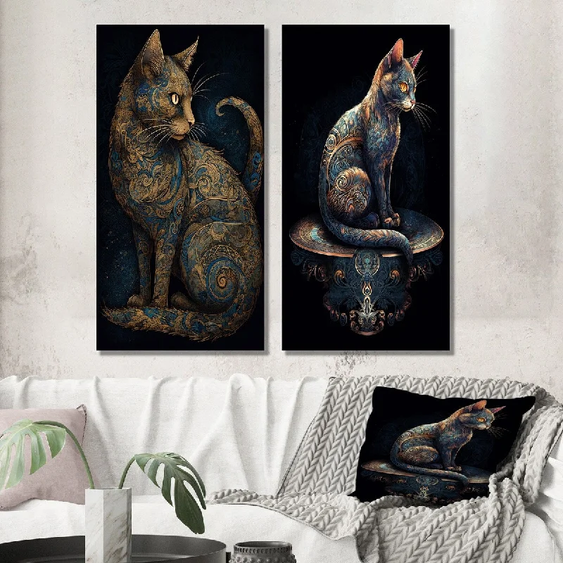 abstract landscape wall paintings-Designart "Blue Glamorous Retro Gold Cat II" Animals Cat Wall Art Set of 2 - Children's Art Wall Art For Bedroom