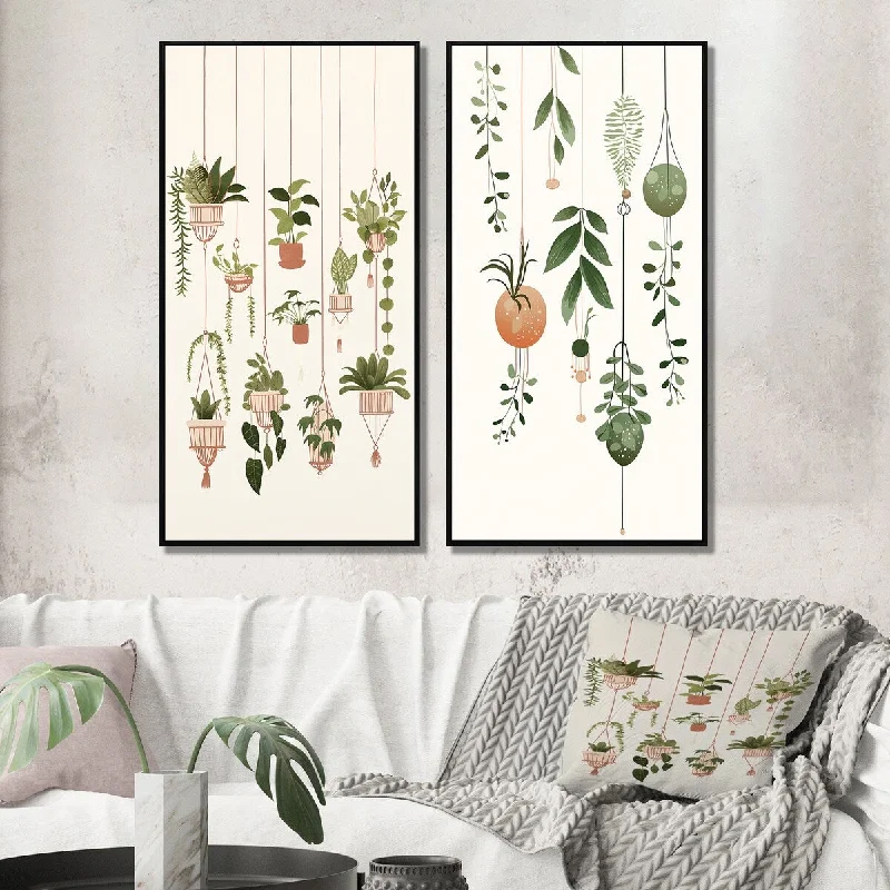 rustic decorative paintings-Designart "Botanical Bliss Joyful Hanging Boho Houseplants I" Abstract Framed Canvas Set - Modern For Living Room Decor