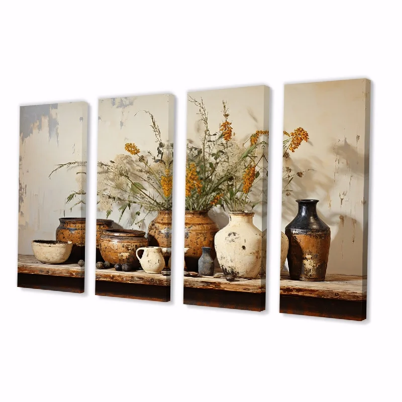 contemporary floral decorative paintings-Designart "Brown Floral Vintage Pottery Artifacts" Boho Pottery Extra Large Canvas Set Of 4 Oversized Bohemian Wall Art