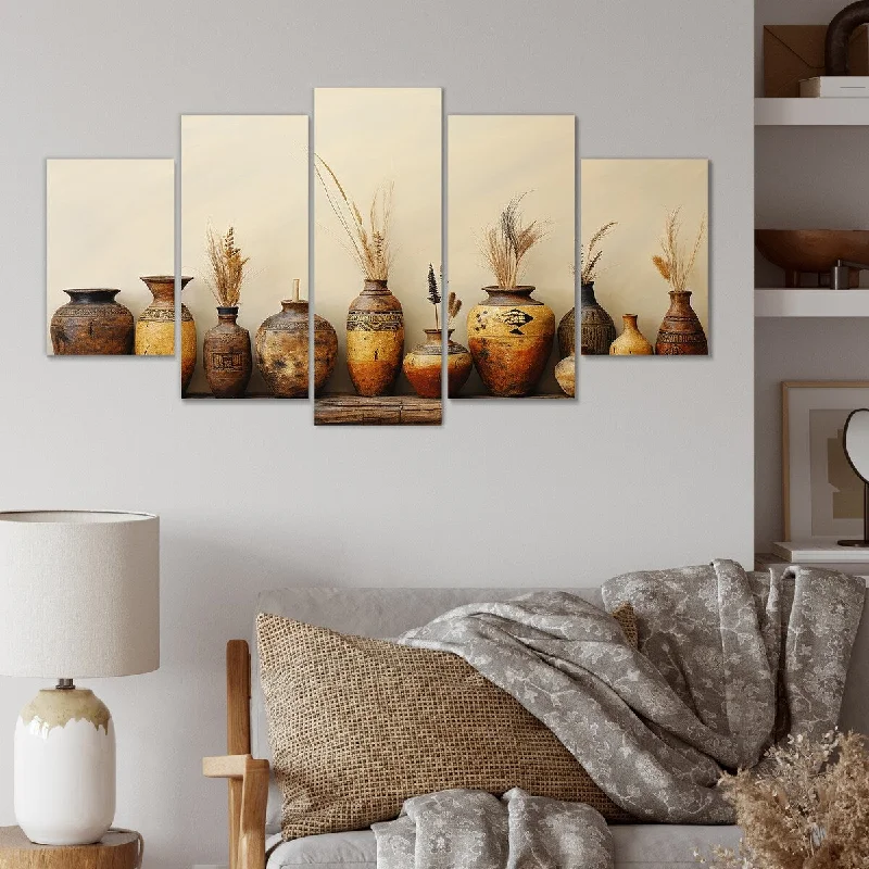 affordable decorative paintings-Designart "Brown Minimalism Pottery Formation" Boho Pottery Set Of 5 Bohemian Oversized Canvas Art Print For Home Decor