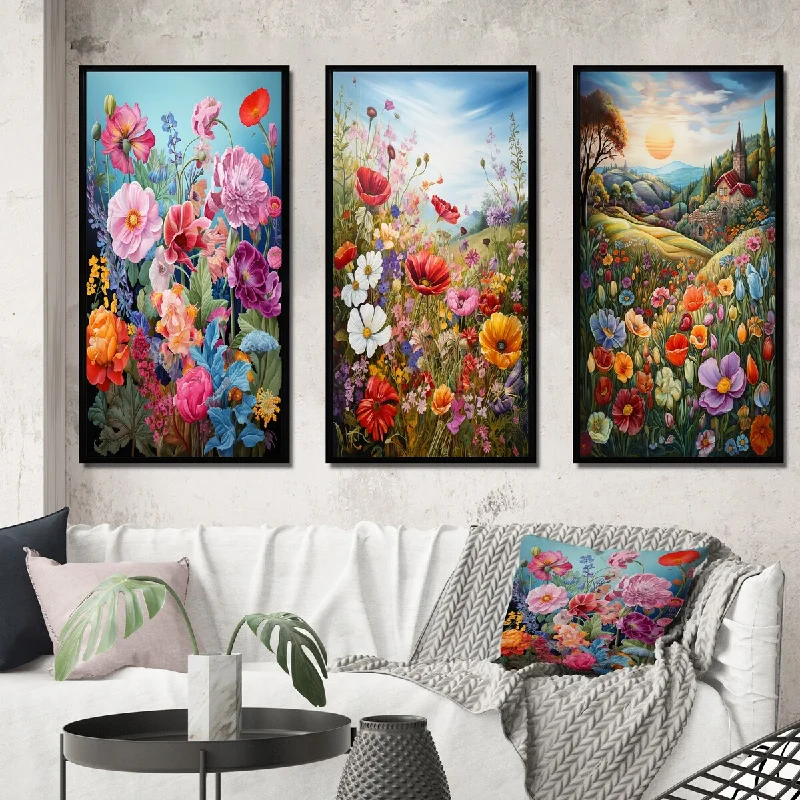 oil abstract decorative paintings-Designart "Celebration Of Spring Mountain Wildflowers IV" Wildflowers Frame Gallery Set Of 3 For Office Decor