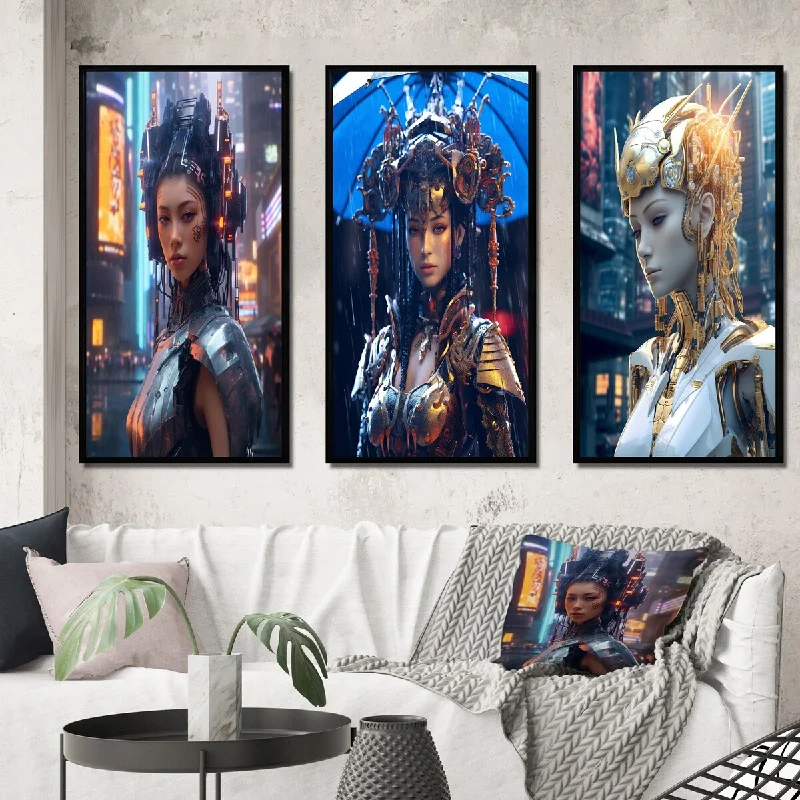 ocean wave decorative paintings-Designart "Cyberpunk Goddess Futuristic Portrait II" Cyberpunk Woman Framed Wall Art Set Of 3 - Glam For Office Decor