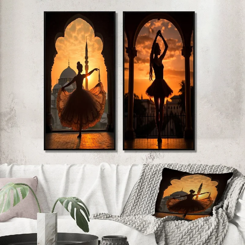 decorative paintings for kitchen-Designart "Elegant Dancing Sunset Silhouette IV" Woman Fashion Photography Framed Gallery Set For Office Decor