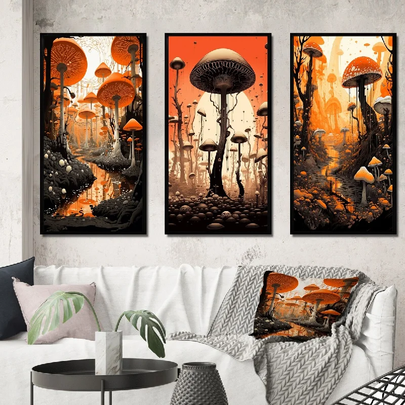 decorative paintings for kitchen-Designart "Enigmatic Magical Mushrooms Retro Illustration" Abstract Landscape Frame Gallery Set Of 3 For Office Decor