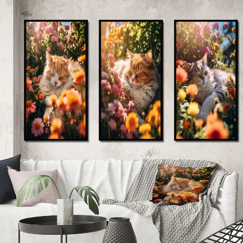 decorative landscape wall art-Designart "Fluffy Cat Sleeping Sunny Flower Garden II" Animals Cat Frame Gallery Set Of 3 For Office Decor