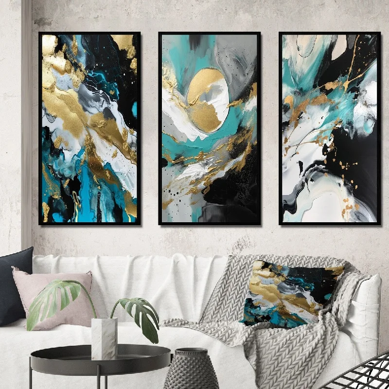 creative decorative wall art-Designart "Full Moon Happiness Gold & Turquoise Abstract III" Abstract Painting Frame Gallery Set Of 3 For Office Decor