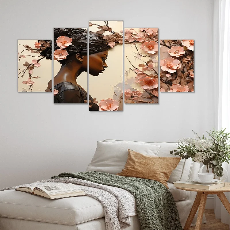 abstract nature-inspired paintings-Designart "Gold And Pink African American Floral Dance" Woman African Set Of 5 - Oversized Canvas Wall Art For Entryway