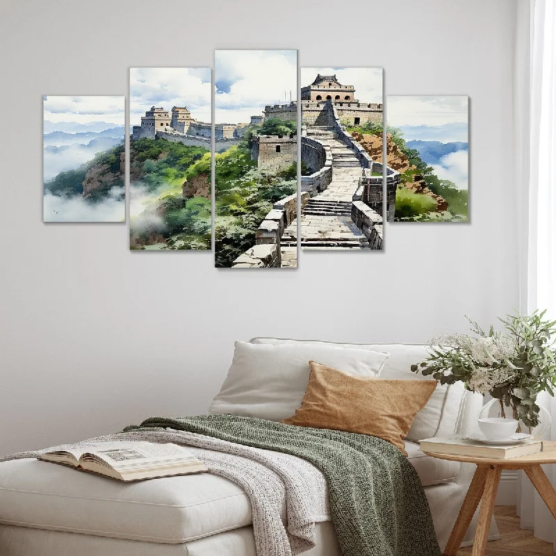 large decorative paintings for living room-Designart "Great Wall Of China Serenity IV" Grey China Art Set Of 5 - Global Oversized Wall Decor Art For Living Room