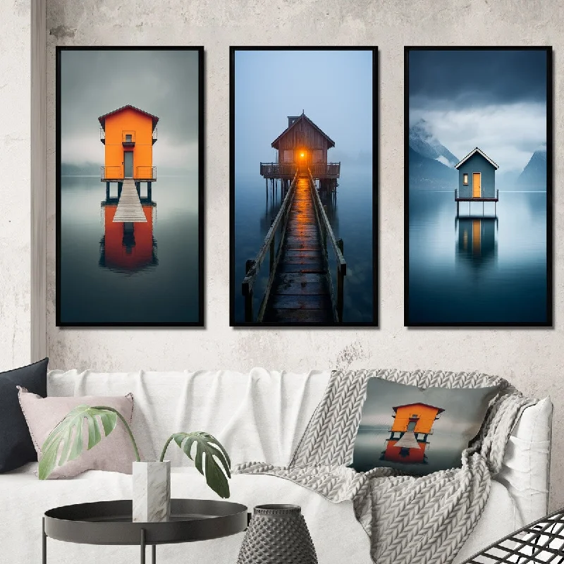 colorful geometric decorative paintings-Designart "Little Wooden Lakehouse Pier Misty Lake Day Pier" Lakehouse Frame Gallery Set Of 3 For Office Decor