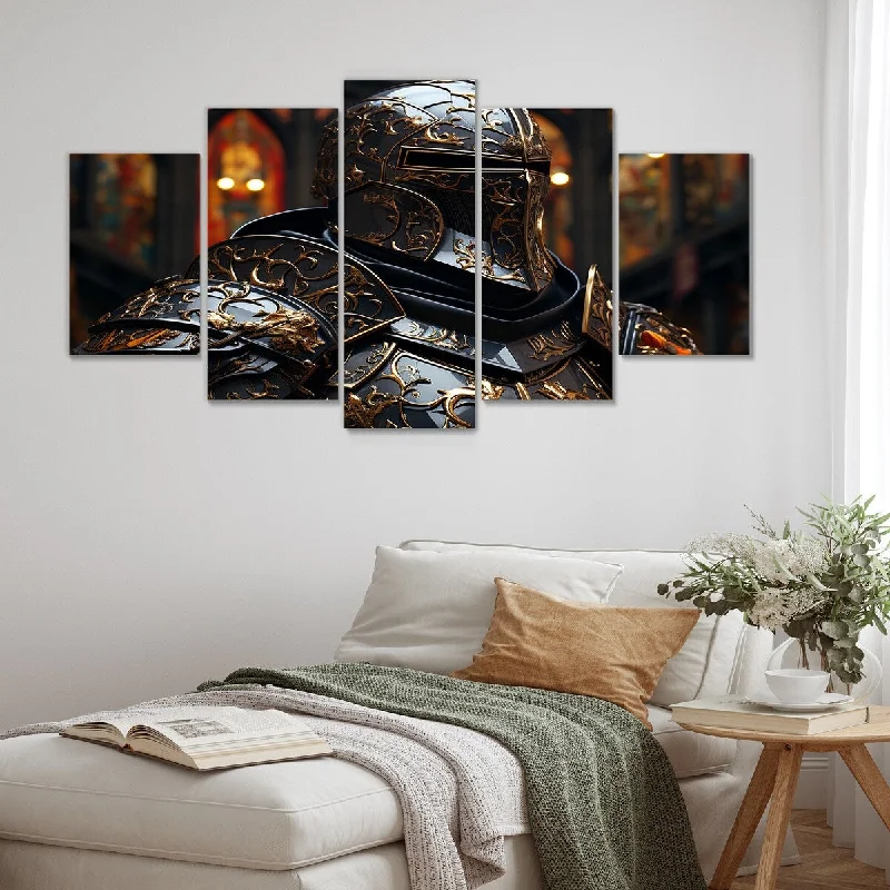 modern abstract decorative paintings-Designart "Medieval Knights II" Bronze Military Set Of 5 - Global Oversized Canvas Art For Bedroom Decor