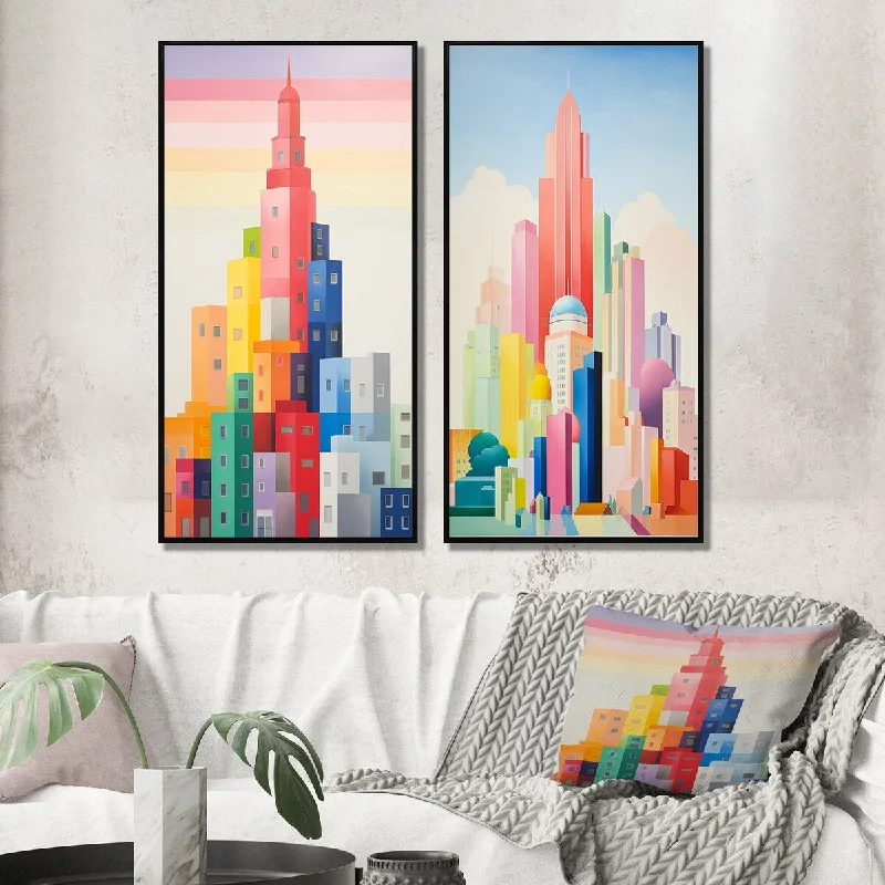 popular decorative paintings-Designart "Minimal New York Cubism V" City New York Framed Wall Art For Bedroom - Traditional Set For Office Decor