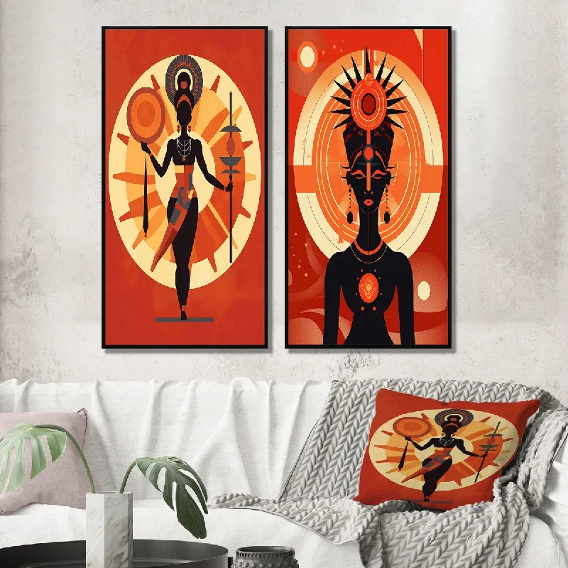 minimalist floral decorative paintings-Designart "Orisha Oshun With Mirror Graphic African Goddess I" Woman Wall Art Décor Gallery Set Of 2 For Office Decor