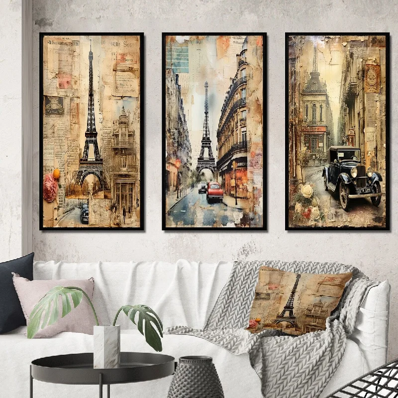 outdoor nature decorative paintings-Designart "Paris Chronicles Vintage Collage IX" City Paris Framed Wall Art Set Of 3 - Traditional For Office Decor