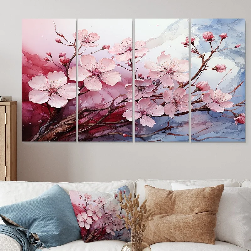 cute wall decorative paintings-Designart "Pink Blossom Cheery Tree Wind I" Cherry Extra Large Canvas Set Of 4 - Oversized Traditional Wall Art Decor