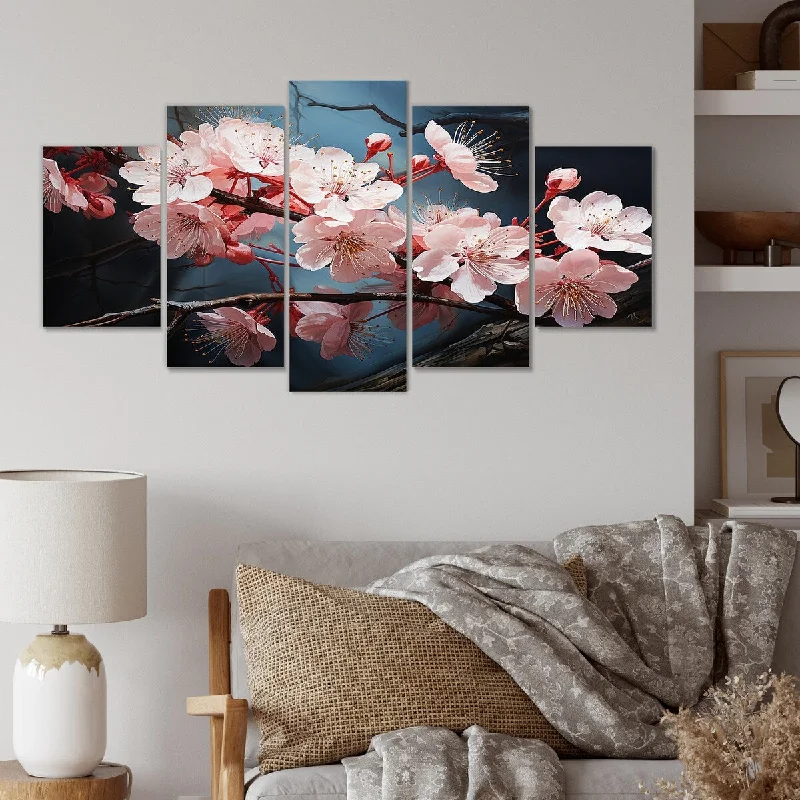 dark-themed decorative paintings-Designart "Pink Cherry Blossoms Tree At Night I" Pink Cherry Set Of 5 Traditional Oversized Canvas Art For Bedroom Decor