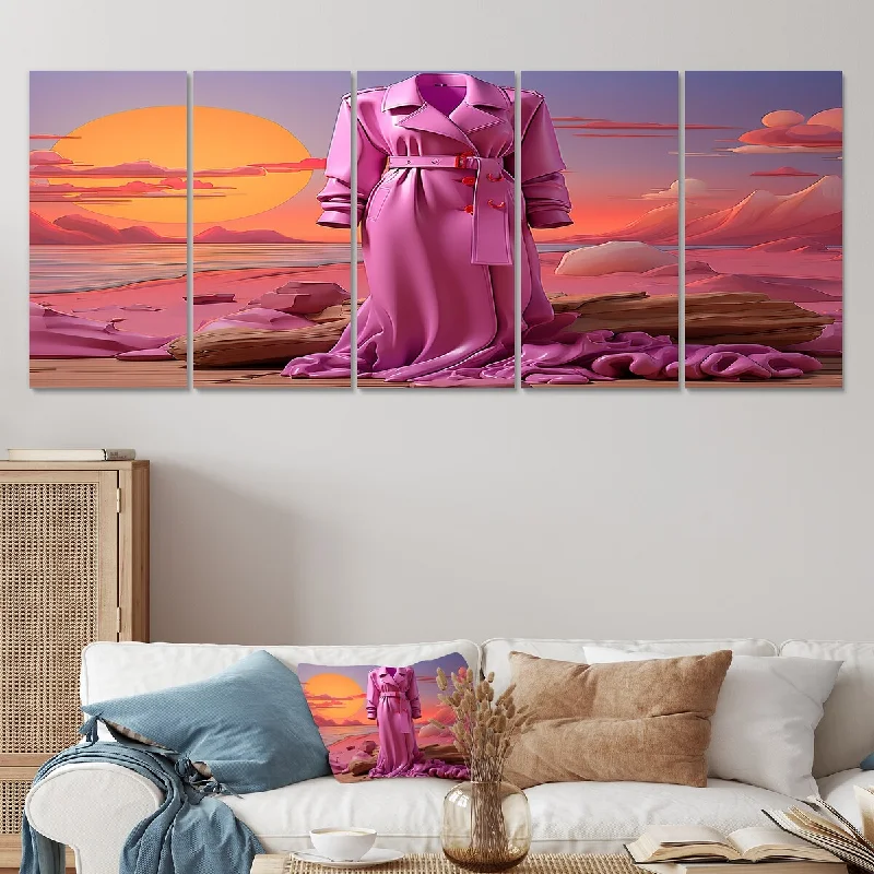 abstract contemporary decorative paintings-Designart "Pink Dress Wardrobe Sunset" Pink Balenciaga Set Of 5 - Glam Oversized Canvas Wall Art For Entryway