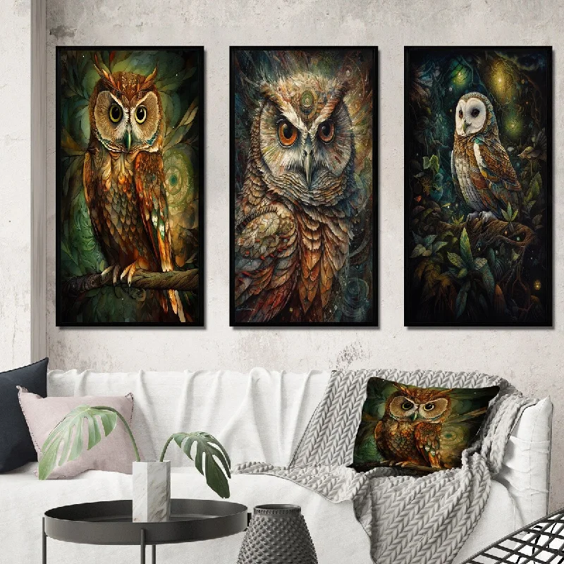 unique decorative abstract paintings-Designart "Portrait Of Magical And Wise Owl In The Forest II" Animals Owl Frame Gallery Set Of 3 For Office Decor