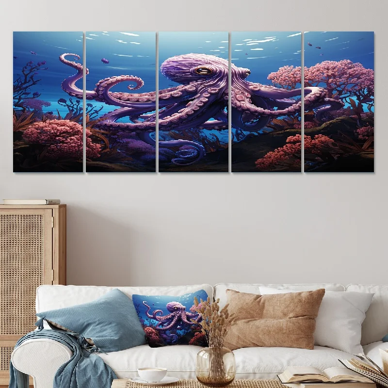 canvas prints decorative paintings-Designart "Purple Oasis Of Octopus I" Purple Coastal Animal Set Of 5 - Coastal Oversized Canvas Art Print For Home Decor