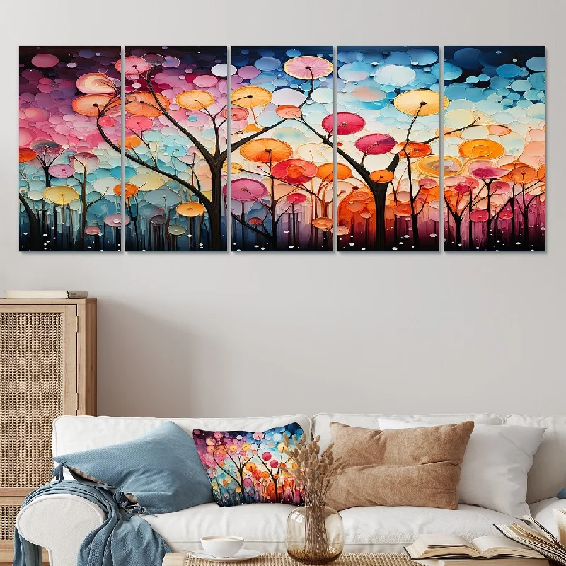 dynamic decorative paintings-Designart "Radiant Chromatic Cascade" Pink Abstract Collages Set Of 5 - Modern Oversized Wall Decor Art For Living Room