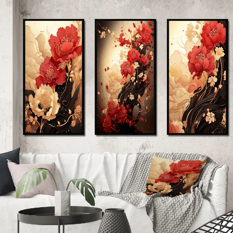 vibrant landscape decorative paintings-Designart "Red Chrysanthemums on Branch Japanese Retro II" Chrysanthemums Frame Gallery Set Of 3 For Office Decor